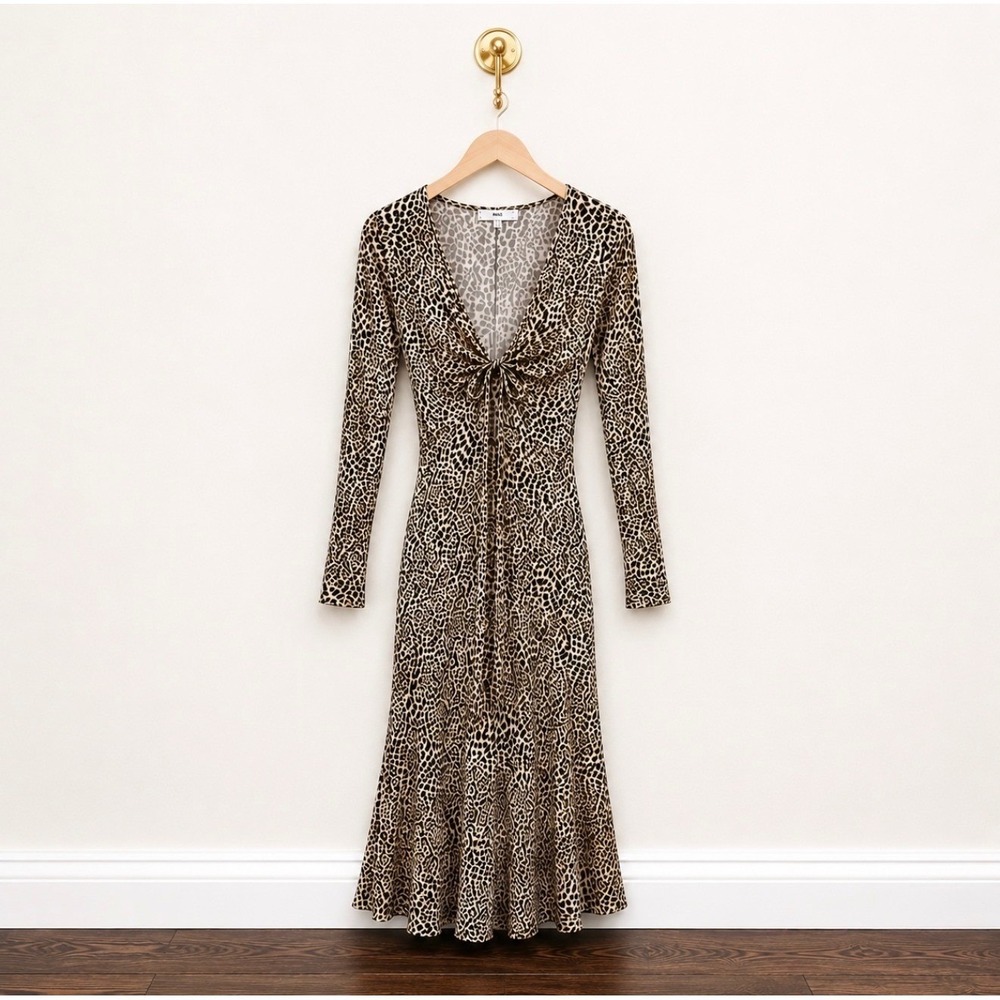 Mango MNG Leopard Print Long Sleeve V-Neck Knot Front Midi Dress Tan Black XS